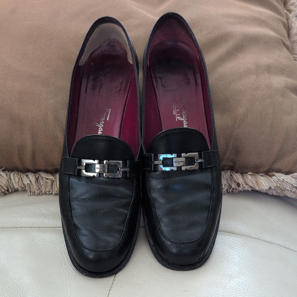 Salvatore Ferragamo Black Leather Women’s Loafers with Silver Hardware